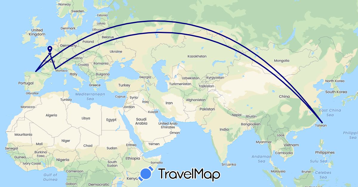 TravelMap itinerary: driving in Spain, France, Taiwan (Asia, Europe)